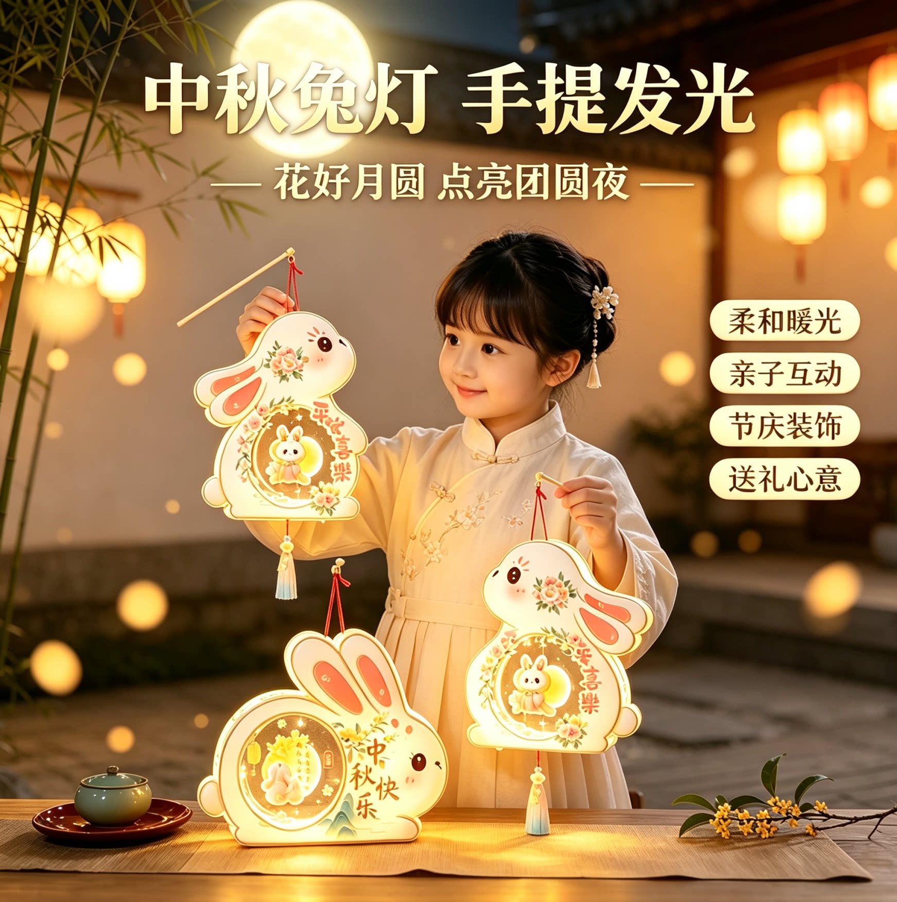 中秋节手工制作diy材料发光小灯笼新款2026儿童手提挂饰兔子花灯