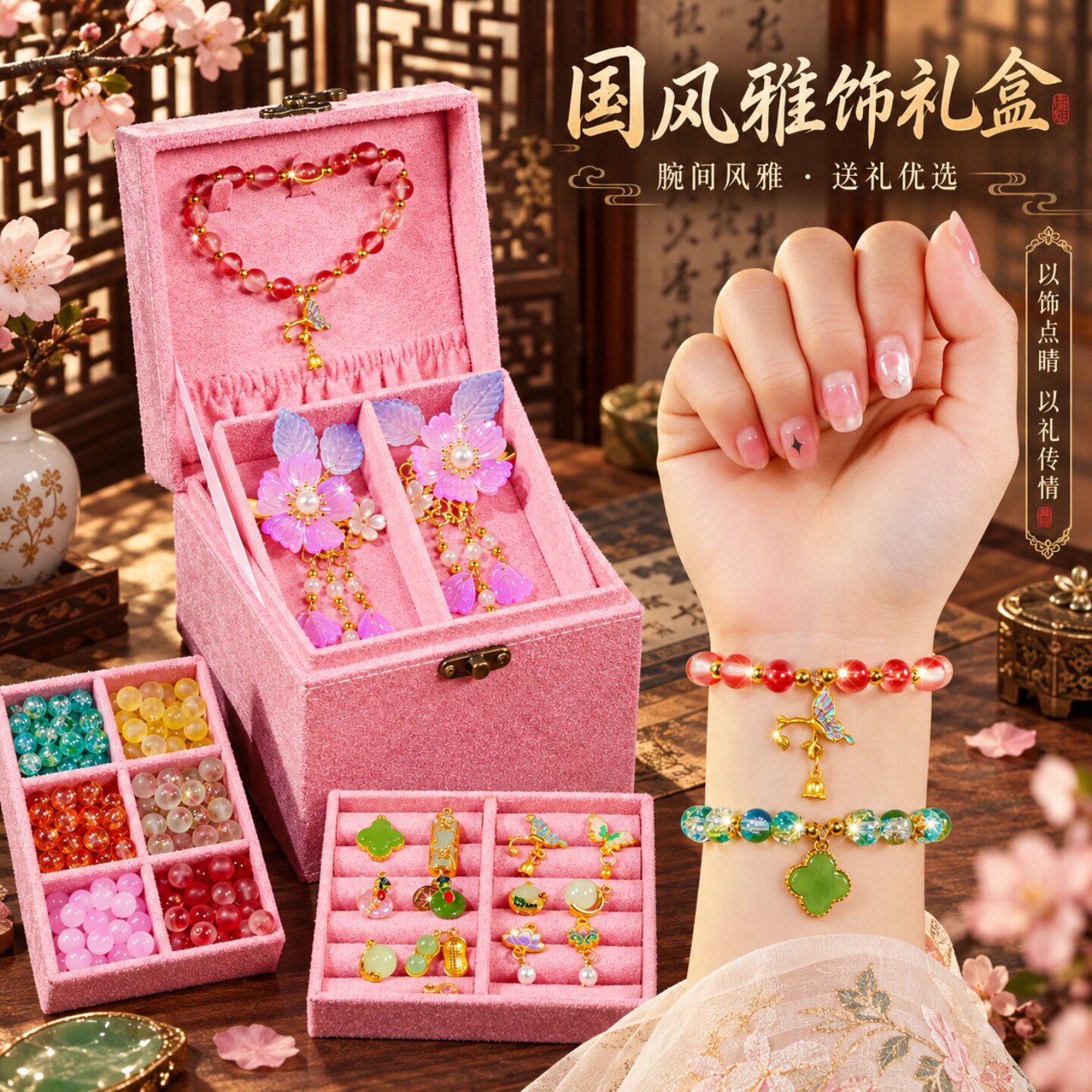 粉黛琉璃手工串珠礼盒套装图片