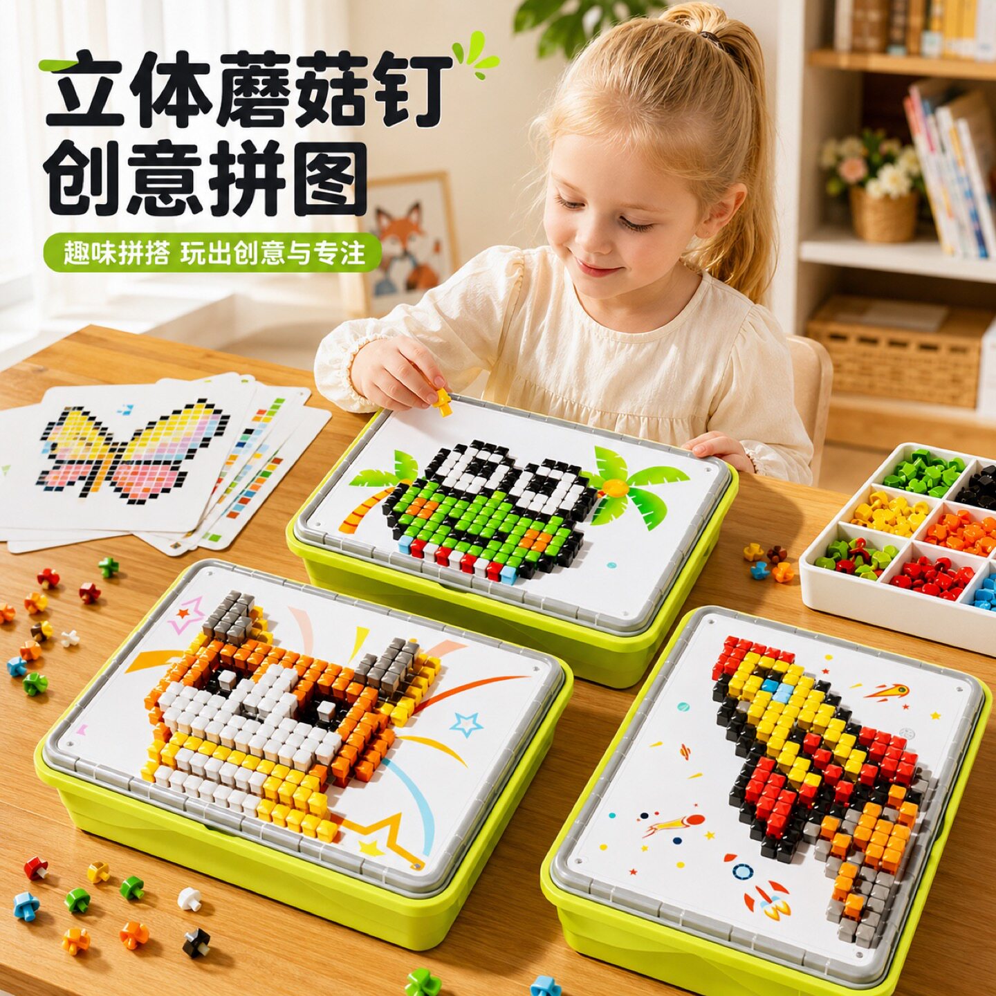 儿童蘑菇钉小学生男女孩益智玩具可拼装大颗粒积木开发大脑智力的