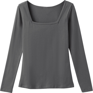 方领打底衫女春秋黑色修身紧身加厚纯棉t恤内搭U露领锁骨长袖上衣