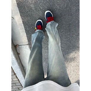 美式水洗蓝斜切微喇牛仔裤男春秋复古拼接cleanfit裤子修身直筒裤