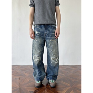 美式复古补丁破洞牛仔裤男女款vintage小众痞帅宽松水洗阔腿裤子