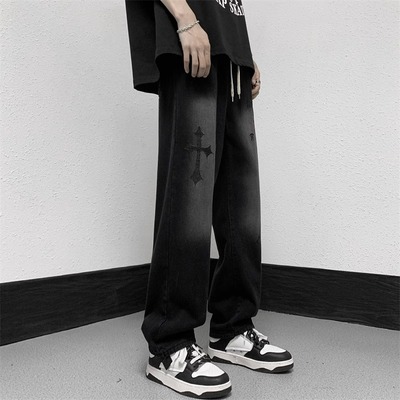 黑色美式十字架刺绣牛仔裤男直筒