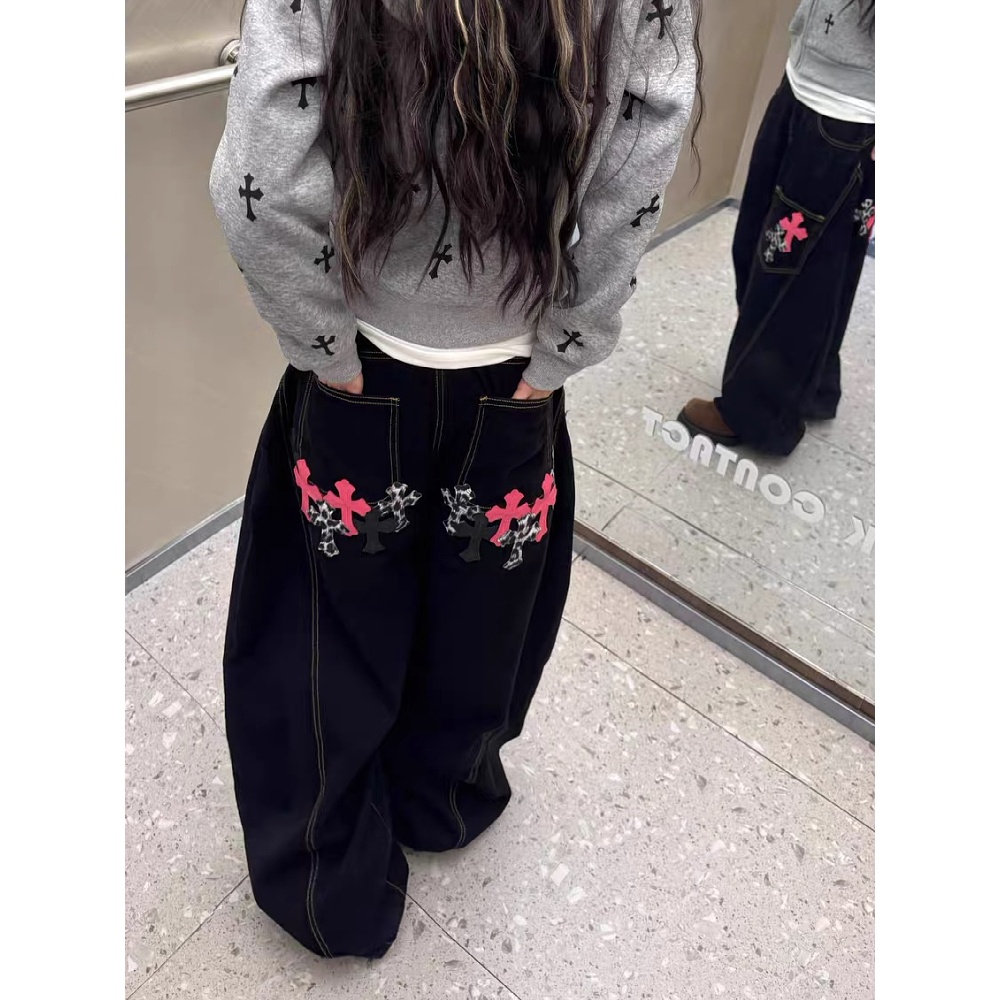 美式复古十字架刺绣弯刀牛仔裤潮