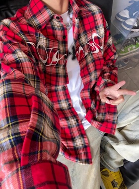 美式复古刺绣红色格子衬衫男春秋新款百搭宽松显瘦设计感衬衣外套