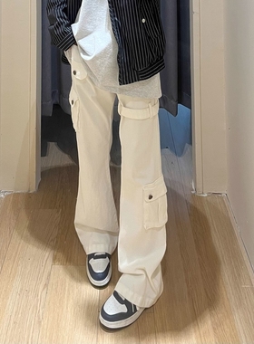 美式高街白色绑带牛仔裤男款cleanfit设计感修身显瘦工装微喇裤子