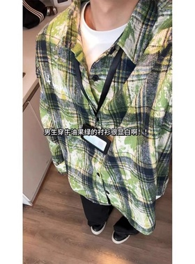 美式vintage绿色扎染格子衬衫男春秋新款高级感痞帅宽松衬衣外套
