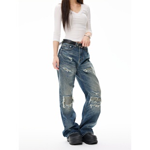 美式复古做旧破洞牛仔裤男女款vintage小众痞帅宽松水洗阔腿裤子