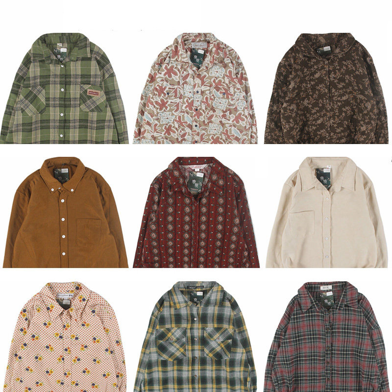 古着vintage复古宽松纯色文艺条纹衬衣格子长袖衬衫春秋冬男女24