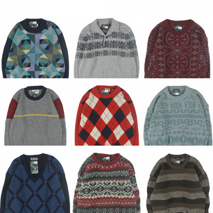 古着vintage复古日系宽松刺绣几何撞色波普图案纯羊毛衣男女秋冬8