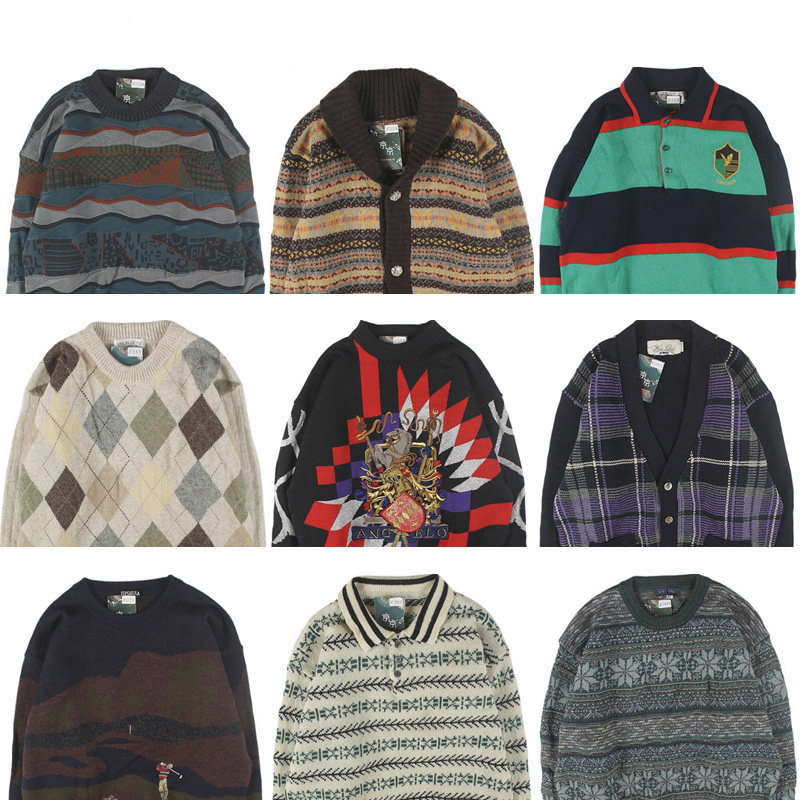 古着vintage复古日系宽松加厚撞色波普图案羊毛衣男女秋冬12