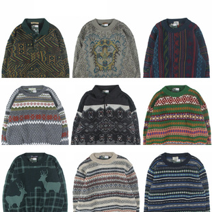 古着vintage复古日系宽松刺绣几何撞色波普图案纯羊毛衣男女秋冬8
