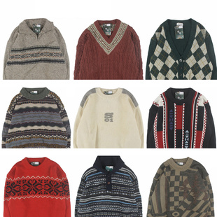 古着vintage复古日系宽松刺绣几何撞色波普图案纯羊毛衣男女秋冬9