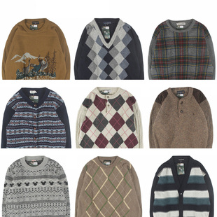 古着vintage复古日系宽松刺绣几何撞色波普图案纯羊毛衣男女秋冬8