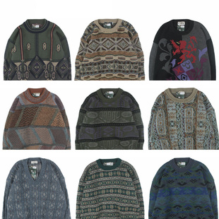 古着vintage复古日系宽松刺绣几何撞色波普图案纯羊毛衣男女秋冬9