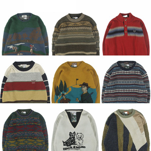 古着vintage复古日系宽松刺绣几何撞色波普图案纯羊毛衣男女秋冬6