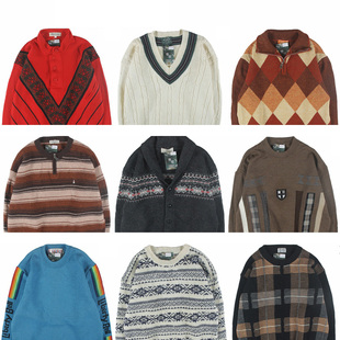 古着vintage复古日系宽松刺绣几何撞色波普图案纯羊毛衣男女秋冬8