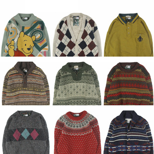 古着vintage复古日系宽松刺绣几何撞色波普图案纯羊毛衣男女秋冬5