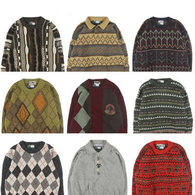 古着vintage复古日系宽松刺绣几何撞色波普图案纯羊毛衣男女秋冬9