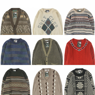 古着vintage纯色羊毛开衫V领大码日本毛衣针织男女情侣学院外套2