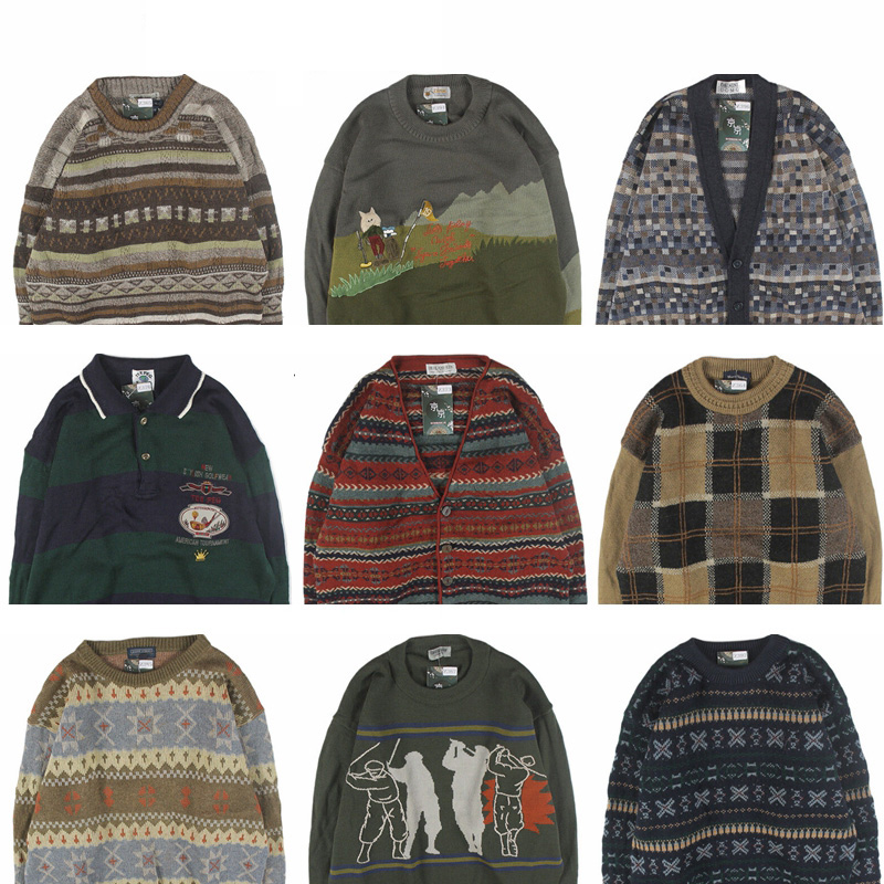 古着vintage复古日系宽松刺绣几何撞色波普图案羊毛衣男女秋冬1
