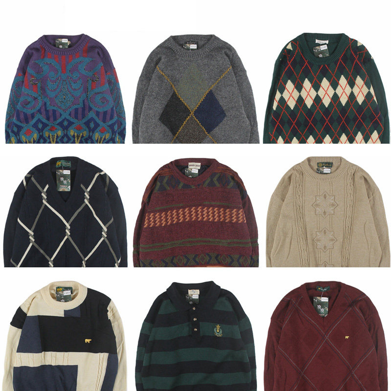 古着vintage复古日系宽松加厚纯撞色波普图案纯羊毛衣男女秋冬17