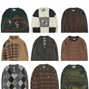 古着vintage复古日系宽松刺绣几何撞色波普图案纯羊毛衣男女秋冬9