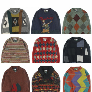 古着vintage复古日系宽松刺绣几何撞色波普图案纯羊毛衣男女秋冬9