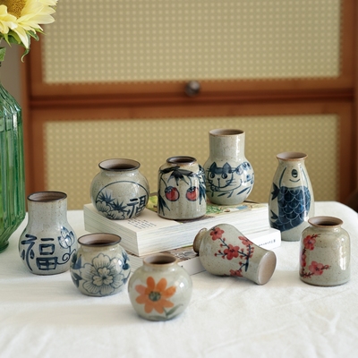 中式复古灰陶小花瓶迷你摆件景德镇手绘陶瓷花瓶插花水培