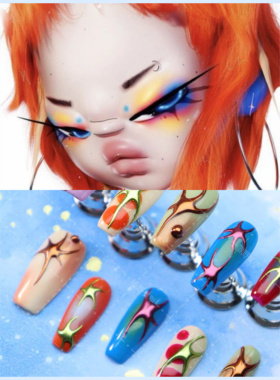 夏日摇滚穿戴甲y3k甲片手绘花色晕染魔镜粉海星艺术中长梯假甲片