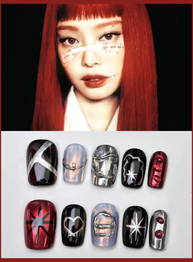 千禧黑红美甲贴片短款jennie同款泰酷辣纯手工穿戴甲暗黑辣妹甜酷