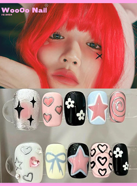 穿戴甲宋雨琦同款纯手工ins风夏日彩绘涂鸦短甲甜心苹果网红美甲