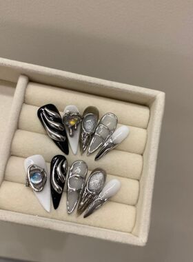 穿戴甲3D立体轻奢暗黑长杏仁欧美浮雕金属造型重工甜酷辣妹手工