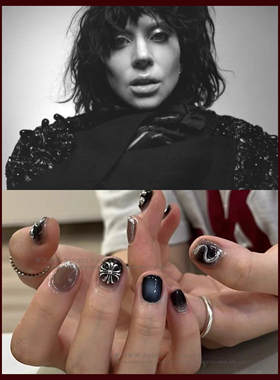 Ladygaga灵感短甲暗黑甜酷辣妹风美甲黑色魔镜粉手工穿戴甲可拆卸