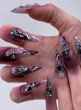 万圣节酷辣穿戴甲法式火焰十字架美甲紫色晕染蜘蛛甲片成品