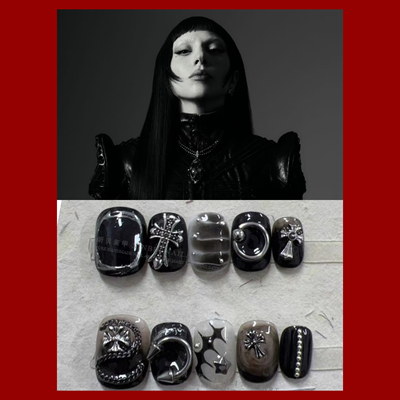 Lady gaga日常短款穿戴甲赛博朋克十字架手绘龙爪暗黑甜酷重工甲