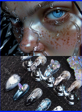 伊甸园XG同款暗黑系美甲片纯手工手绘渐变晕染银蛇幻彩蝴蝶穿戴甲