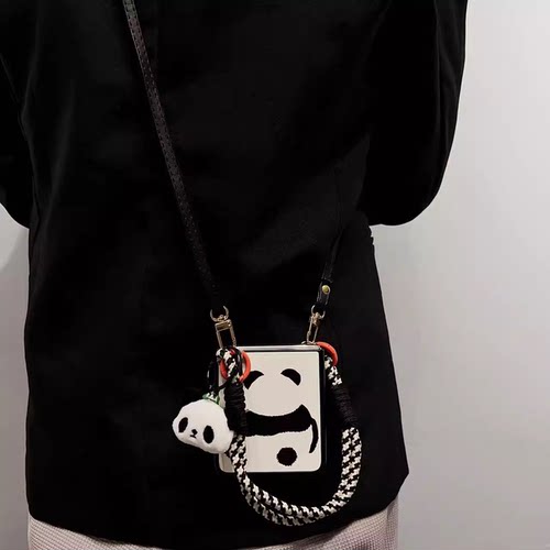 熊猫皮纹适用荣耀magicvflip2手机壳小米MIXFlip2折叠屏Razr60三星zflip7华为Pura X保护套pocket2斜挎n3flip