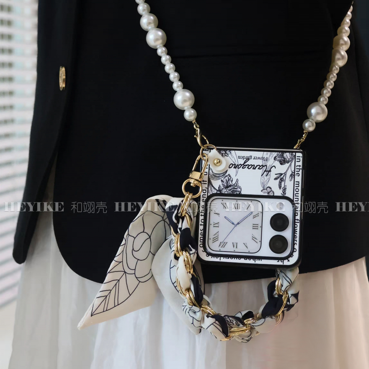 复古山茶花适用华为novaflip手机壳pocket2斜跨puraX手提折叠屏N3filp三星zflip7/6荣耀magicvflip2小米2高级