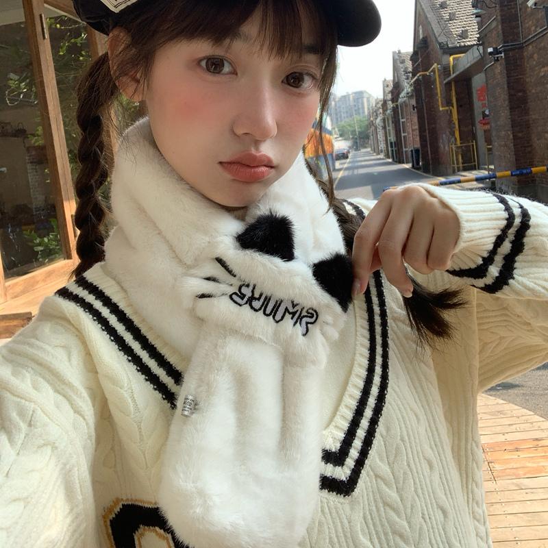 激点可爱熊猫毛绒帽子围巾