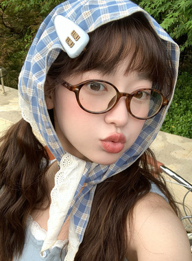 蓝色格子头巾女夏季海边沙滩包头三角巾法式复古田园风防晒丝巾潮