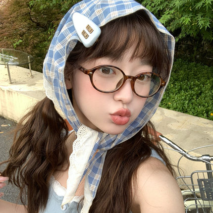 蓝色格子头巾女夏季海边沙滩包头三角巾法式复古田园风防晒丝巾潮