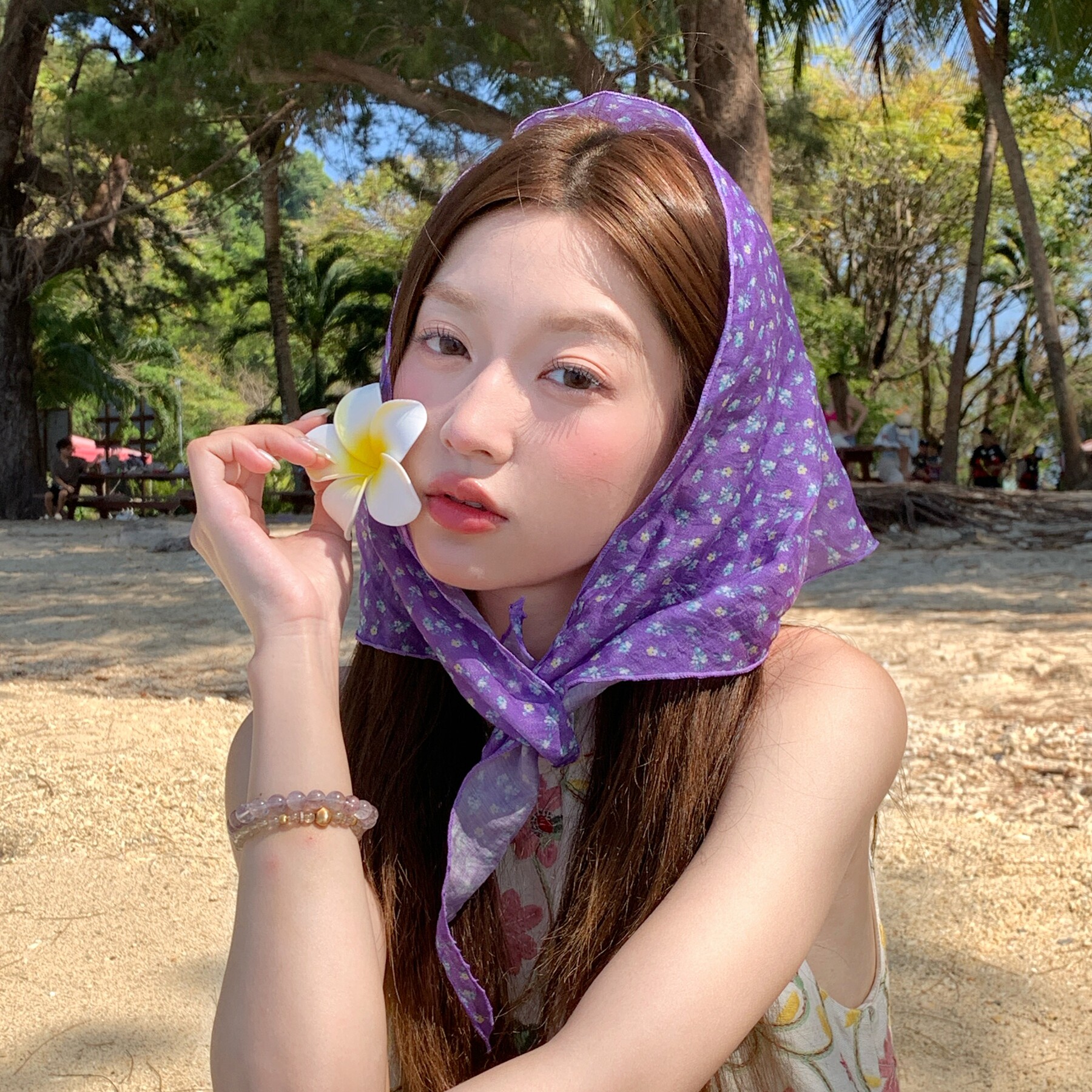 小清新碎花头巾女文艺复古三角巾防晒遮阳装饰围巾紫色田园风ins
