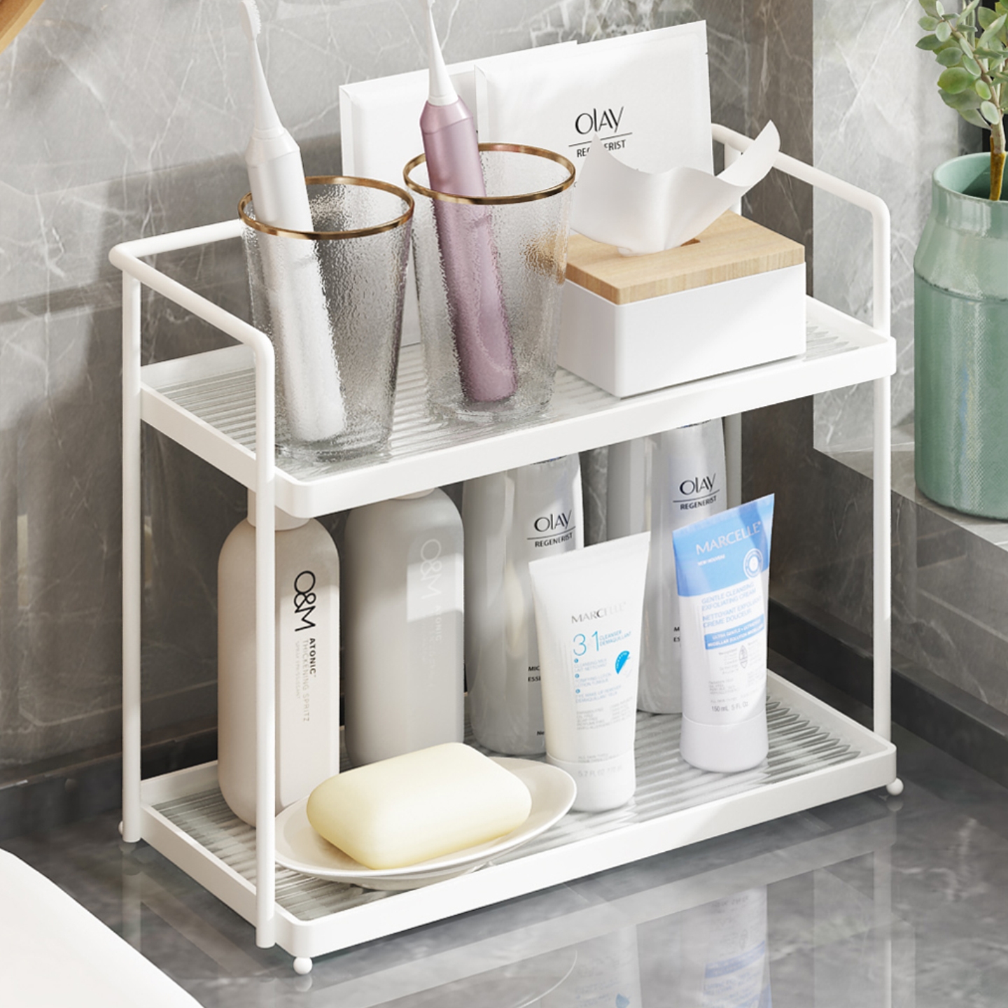 浴室卫生间置物架洗手洗漱台桌面转角双层亚克力化妆品杯子收纳架