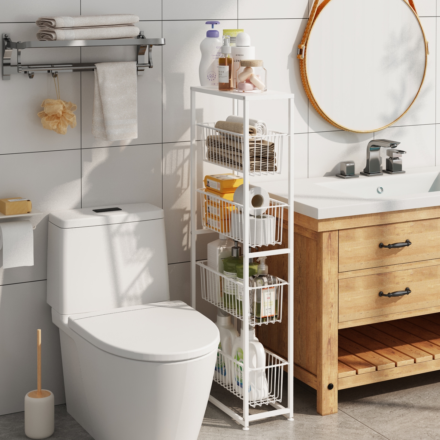 抽拉式卫生间夹缝置物架落地多层