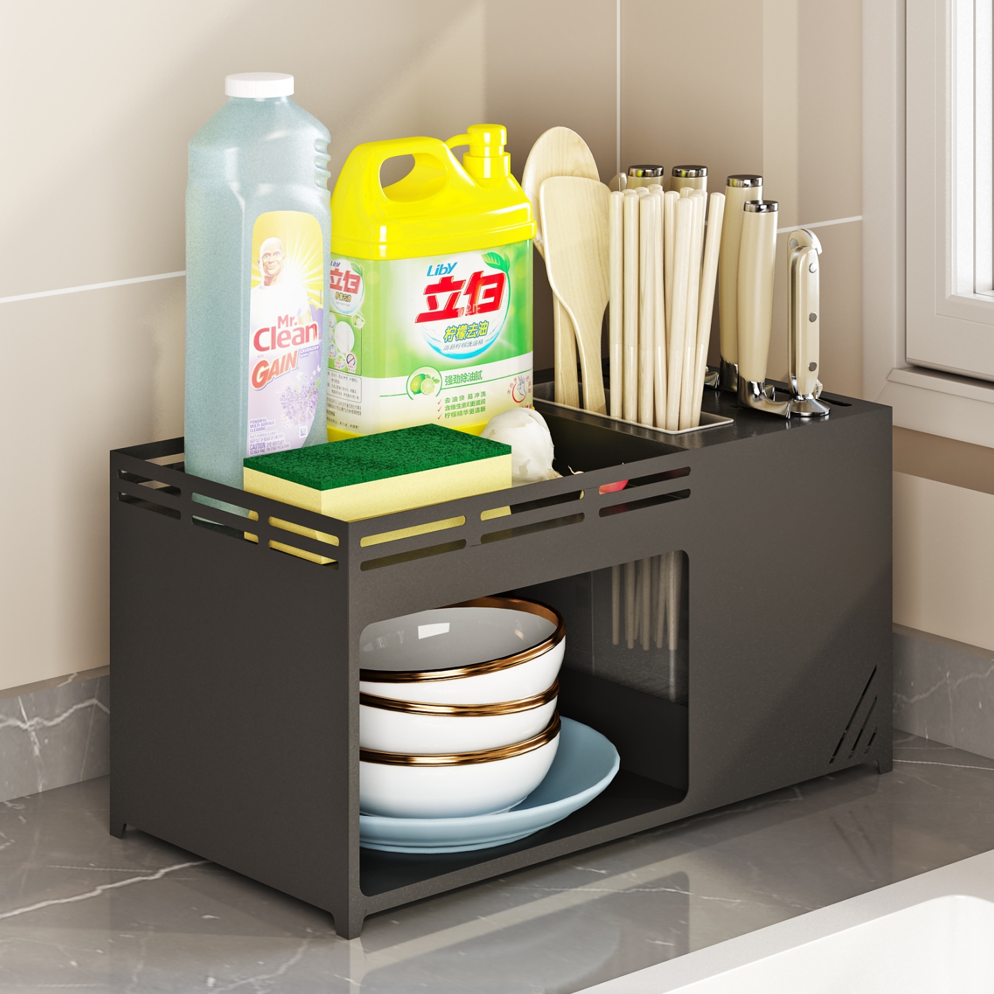 厨房刀架刀具收纳架台式家用不锈钢调料筷子笼多功能一体碗碟沥水