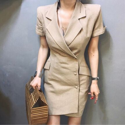 中长款仿棉麻小西装连衣裙女士上衣新款短袖气质西服外套修身OL夏
