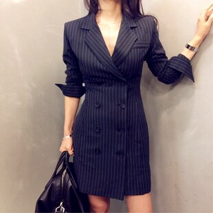 小西装外套女2026春夏新款职业中长款气质条纹西服连衣裙修身显瘦