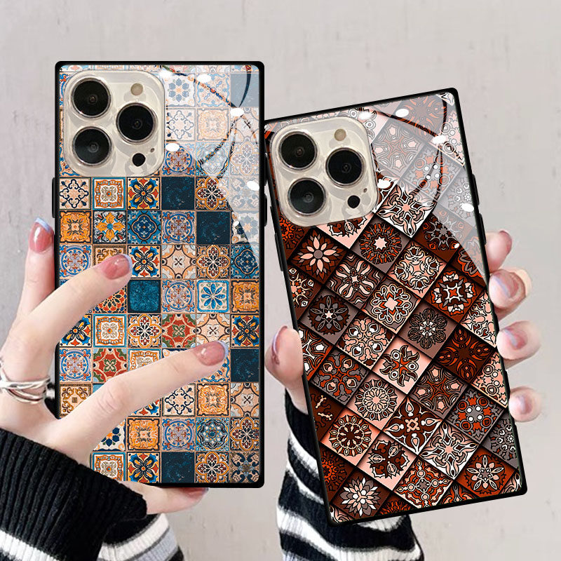 国风图腾菱格适用苹果16promax手机壳14PLUS方形玻璃Phone13mini文艺创意个性12XR防摔保护套,3C数码配件,手机保护套/壳,淘宝优惠券,粉丝福利购,淘宝优惠卷