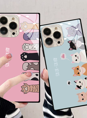 横排猫爪适用于苹果16romax手机壳14plus方形玻璃Phone13mini文艺创意12XR防摔保护套小清新情侣15